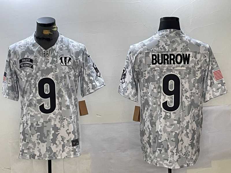 Mens Cincinnati Bengals #9 Joe Burrow Arctic Camo 2024 FUSE Salute to Service Limited Stitched Jersey Dzhi